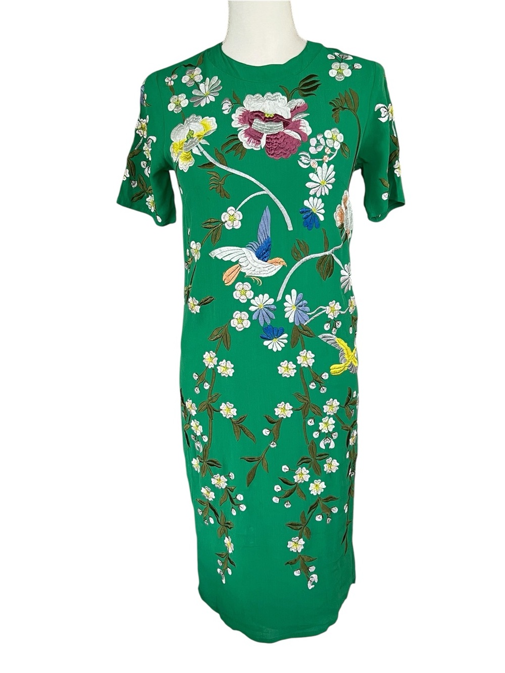 ASOS Green Midi Dress with Multicolor Embroidered Birds & Flowers